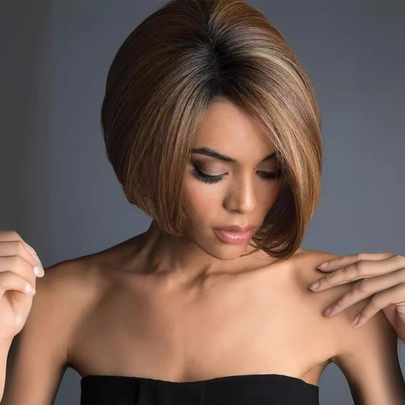 European and American Star Female Brown Short Hair Gradient Bleached Bobo Student Wig Cos Cross-Border New Fluffy Headgear