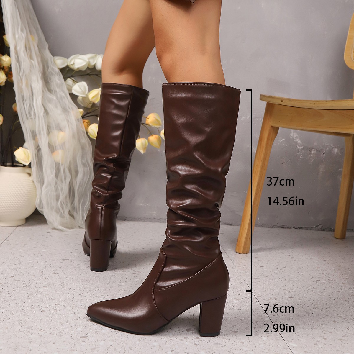 Women's plus Size High Heeled Fashion Boots Pointed Toe Slip on Pleated Warm Fleece Lined Long Winter Boots_vogvips.com