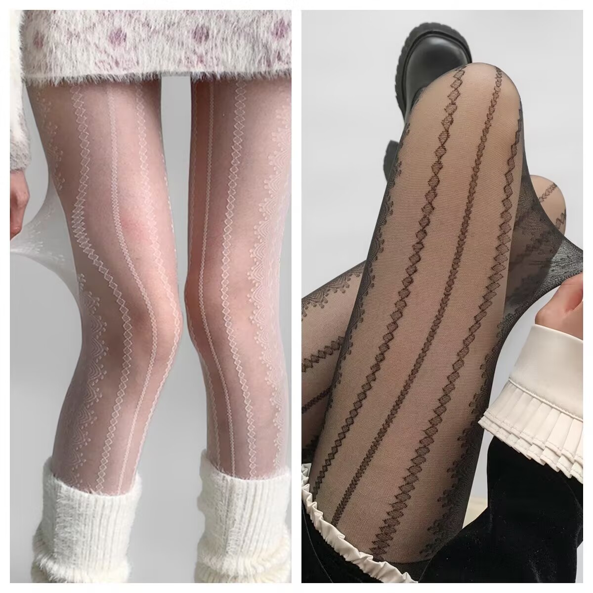 Spring and Autumn Thin Jacquard Pantyhose Sexy Diamond Lace Socks White Silk Transparent Sexy Striped Socks