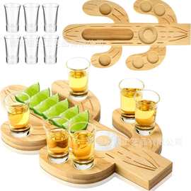 跨境竹木仙人掌酒杯架吧台白酒杯调料托盘木制酒杯盐边盒沾糖托盘