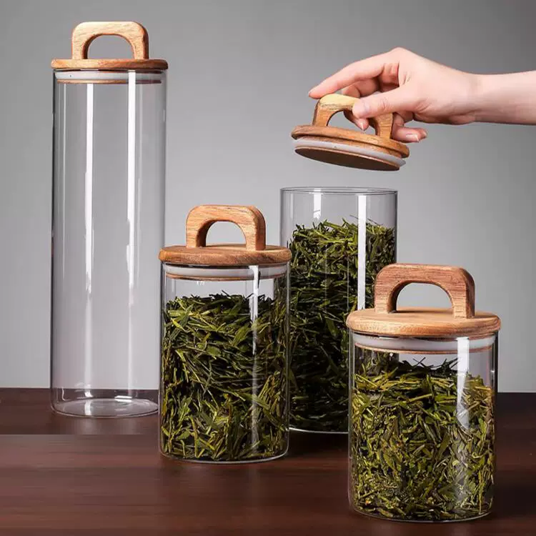 新款家居玻璃罐杂粮咖啡豆储物罐透明收纳瓶相思木盖茶叶罐密封罐