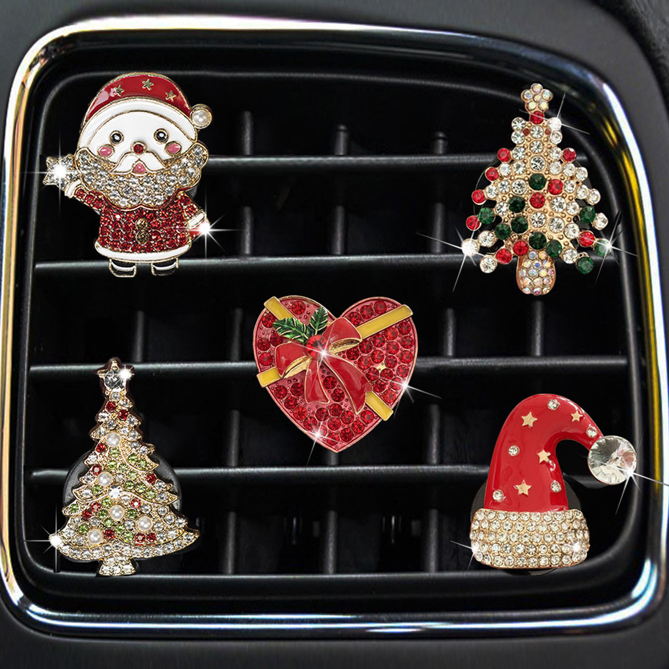 合金水钻圣诞节车载出风口香薰夹老人树汽车香水空调装饰夹手办礼