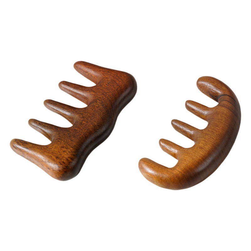 Расческа из массива дерева с пятью зубцами для массажа меридианов, массажная расческа для носа из сандалового дерева, расческа с крупными зубцами, дизайн «Лотос и рыба», оптовая продажа для дома.