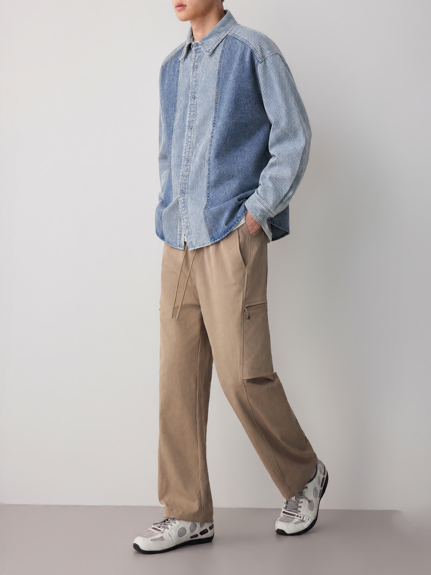 Áo sơ mi denim nam tay dài phong cách cổ điển sọc nối — Cao bồi xanh