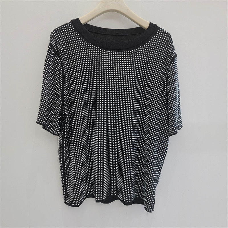 Diseño de diamante caliente de industria pesada sensación de cuello redondo chaqueta de alta calidad gran sensación de camiseta de verano de mujer nueva moda de blusa suelta versátil image 2
