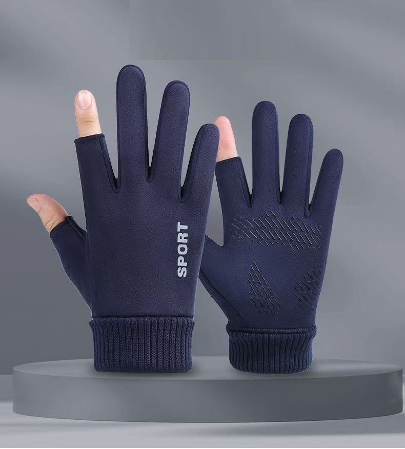 Guantes de gamuza para hombres y mujeres Otoño e Invierno pesca expuestos dos dedos medio dedo forrado de vellón cálido ciclismo guantes de motocicleta