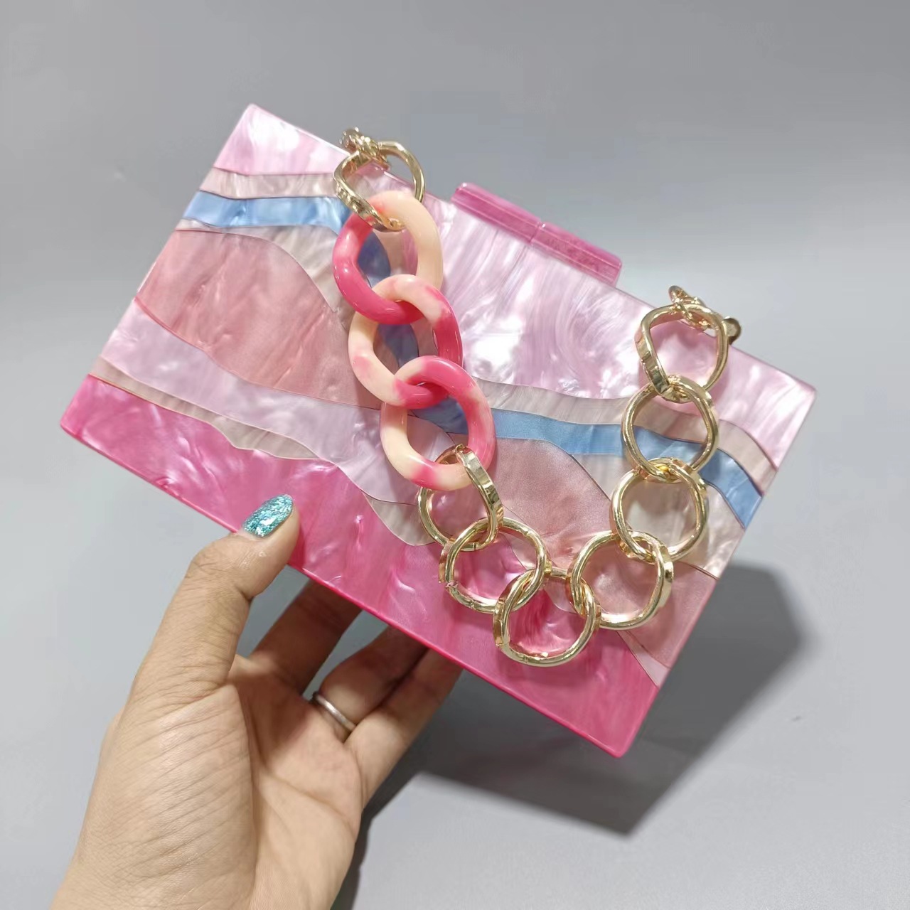 Single Shoulder Strap Strap Type Box Bag Bags Type Arylic Color Block Square Evening Bags