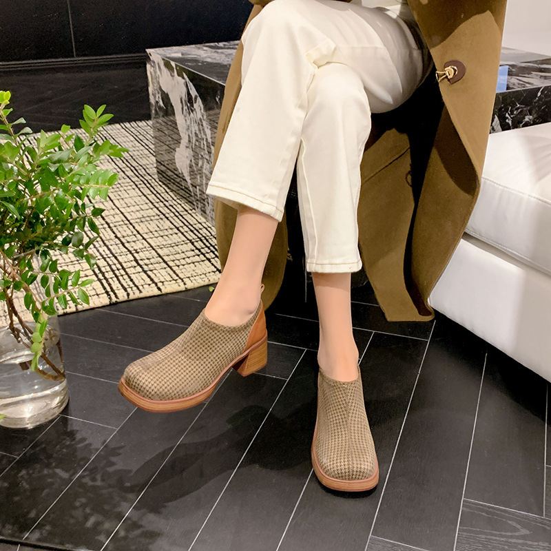 2024 Spring New Genuine Leather Thick-Soled Plaid Retro Women's Leather Shoes with Chunky Heels and Platform Soles in British Style Slip-On Shoes 2024 Spring New Genuine Leather Thick-Soled Plaid Retro Women's Leather Shoes with Chunky Heels and Platform Soles in British Style Slip-On Shoes