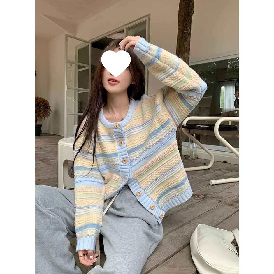 春季新款韩版宽松撞色条纹百搭针织毛衣开衫外套女粉色蓝色其他