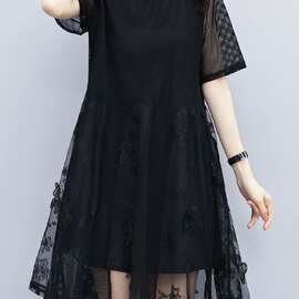大码女装胖妈妈透气宽松连衣裙夏子季胖人刺绣遮肉显瘦减龄裙网纱
