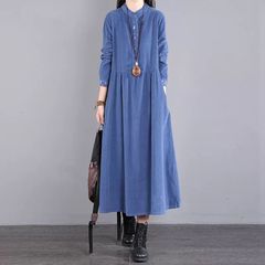 文艺灯芯绒连衣裙女禅意秋季新款宽松中长款袖口刺绣裙子禅修