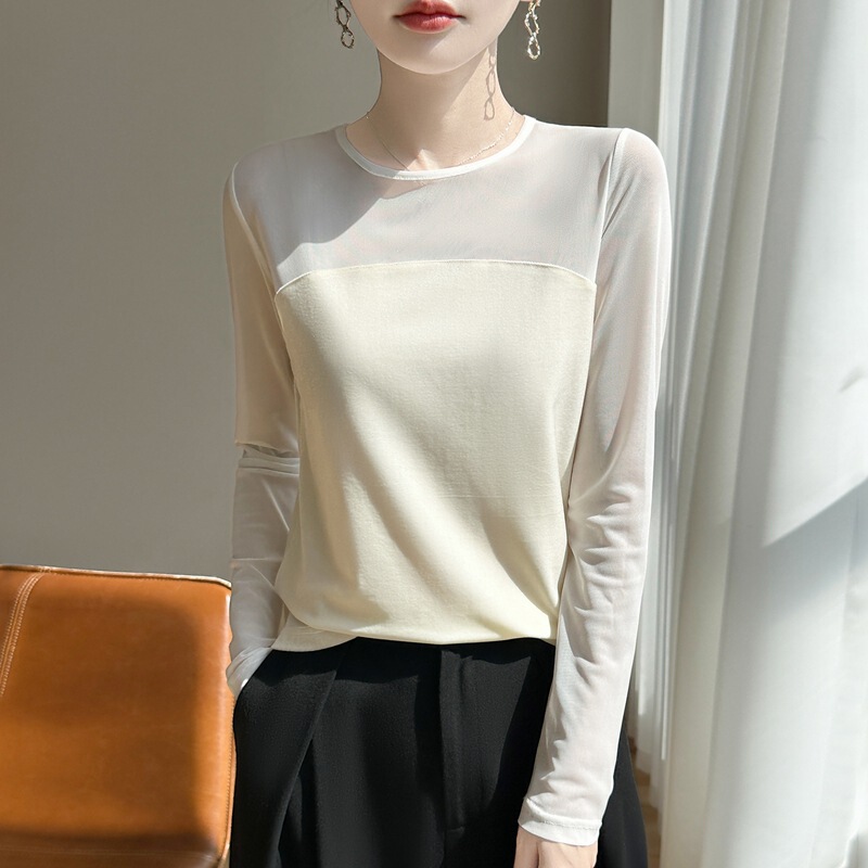 26 New Summer Style Velvet Half-High Collar Spliced Long-Sleeved Women's Round-Neck Slim-Fitting Casual Versatile Top Knitwear