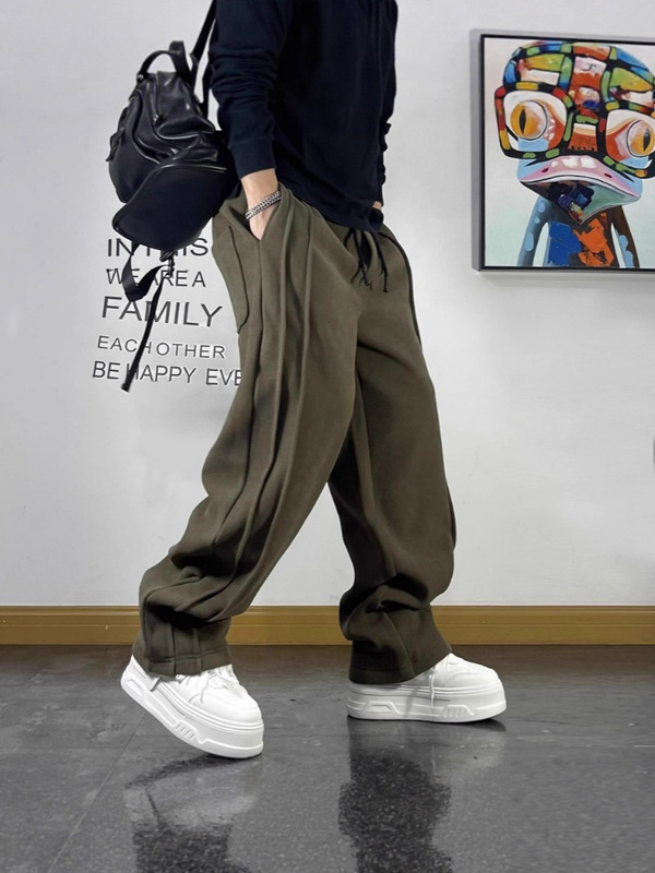 大码美式复古拼接针织运动卫裤男春秋款潮流垂感直筒裤百搭休闲裤|undefined