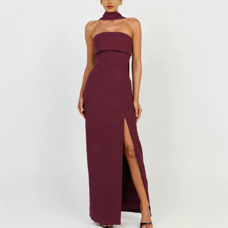 European and American style strapless halter neck dress with ribbons, long skirt with high side slit, draping effect, formal evening dress for women European and American style strapless halter neck dress with ribbons, long skirt with high side slit, draping effect, formal evening dress for women