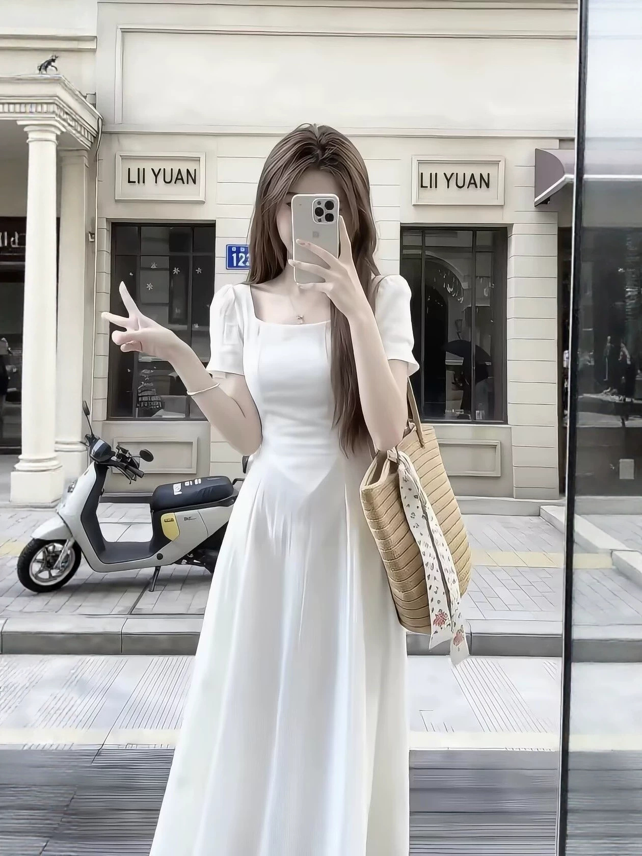 Váy dài nữ cổ vuông thắt eo tay ngắn kiểu Pháp — trắng