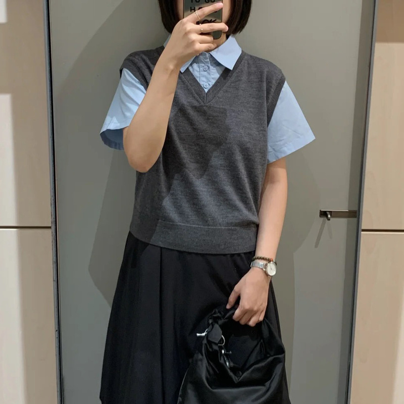 CS女装 假两件衬衫拼接针织背心女 2025年秋季新款上衣1304059001|undefined