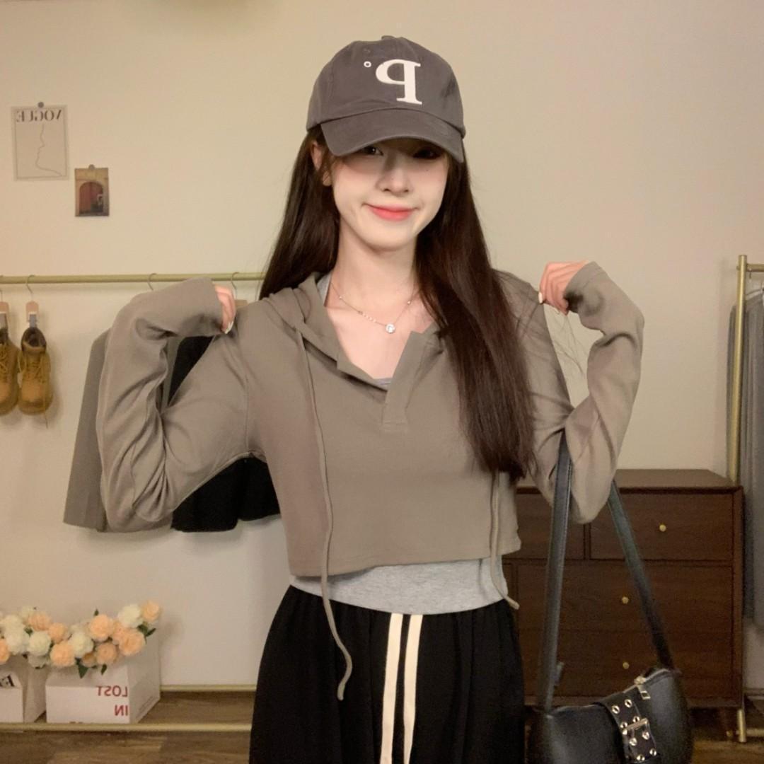 스레드 스파이스 소녀 두 조각 긴 소매 티셔츠 여성용 후드 쇼트 탑 순수한 욕망 작은 슬림 봄 패션