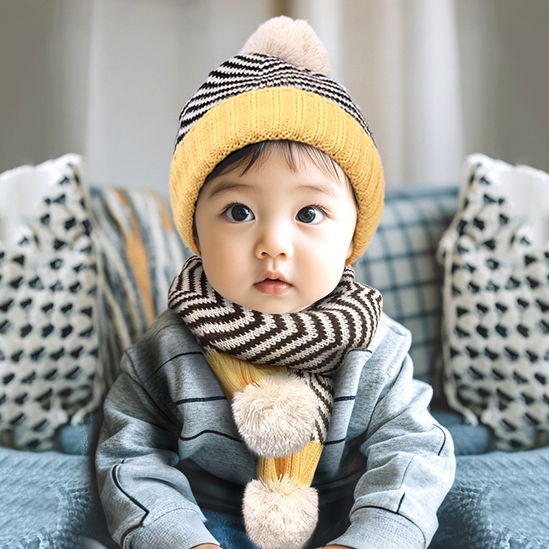 冬の子供の保温ストライプの帽子のマフラーの2つのセットの子供のニットの毛糸の帽子のマフラーの2つのセットの卸売り|undefined