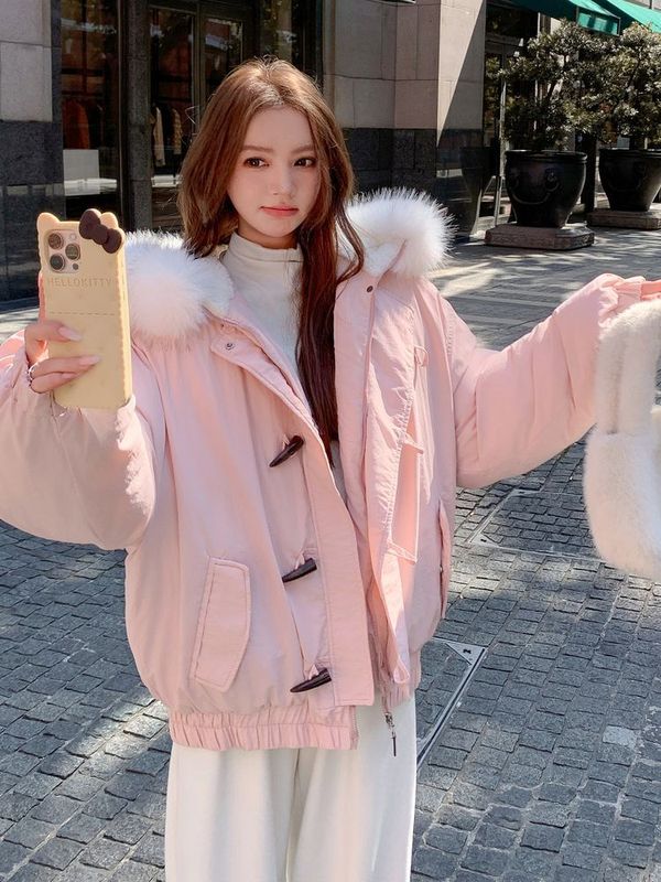 棉服女冬季牛角扣设计感大毛领加厚棉袄2025新款派克服棉衣外套|undefined