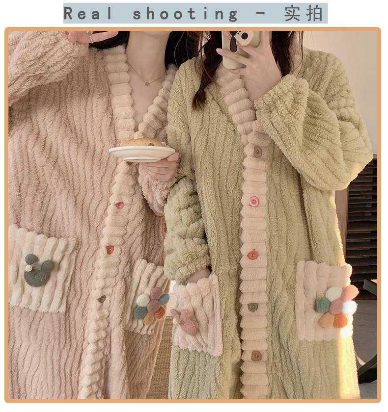 GraceChic Cardigan-Nachthemd-Set aus Flanell mit Regenbogenmuster, dick gefüttert, warm, im Feenstil, neu, mit kleinen Blumen, Winter-Homewear_voghion.com