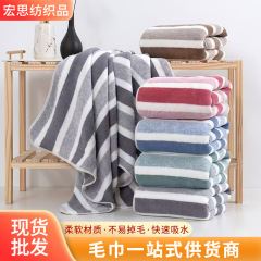 跨境阳离子珊瑚绒双色宽条毛巾浴巾套装柔软吸水礼品超市批发