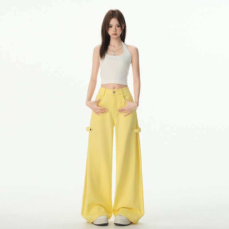 2025 American Retro Yellow Side Buckle Design Tall Extended Version Slim Casual Wide Leg Jeans for Women