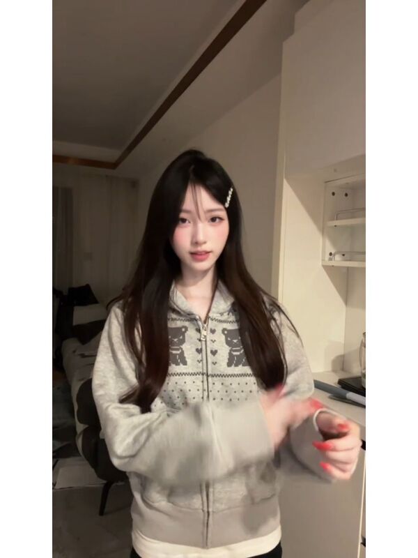 新款美式街头开衫连帽卫衣女秋季宽松百搭拉链帽衫慵懒风外套上衣|undefined