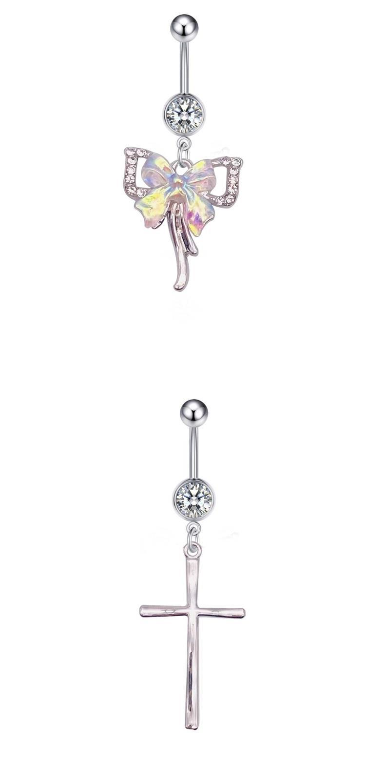 European And American Cross-Border Stainless Steel Colorful Bowknot Cross Belly Button Ring Body Piercing Jewelry_voghion.com