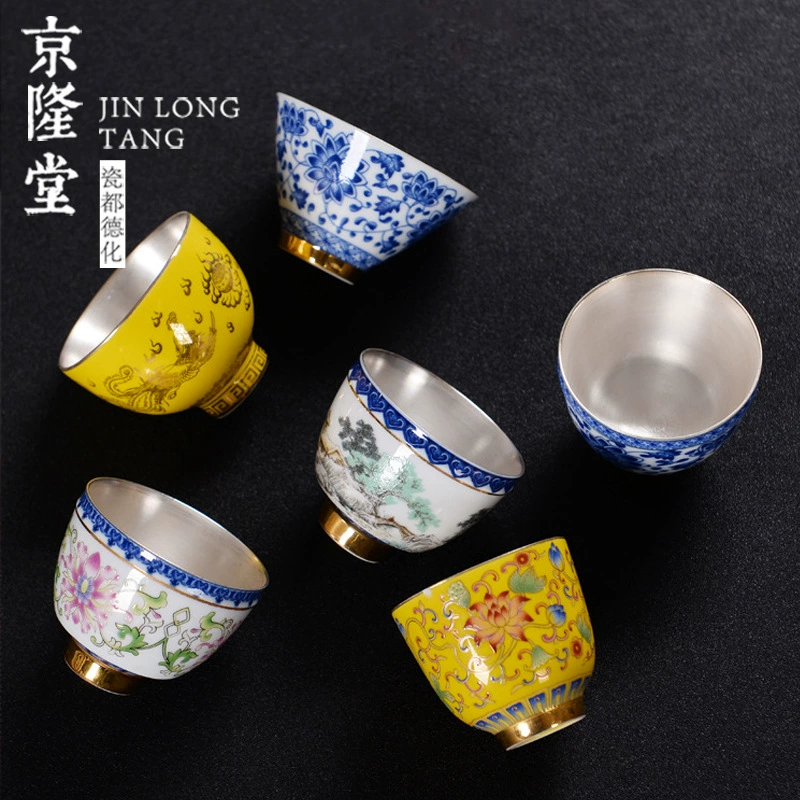 Jinglongtang 999 серебряная чайная чашка, полностью ручная работа, кунг-фу чайная чашка из стали и керамики, серебряная вставка, мастеровая одиночная чашка для дома