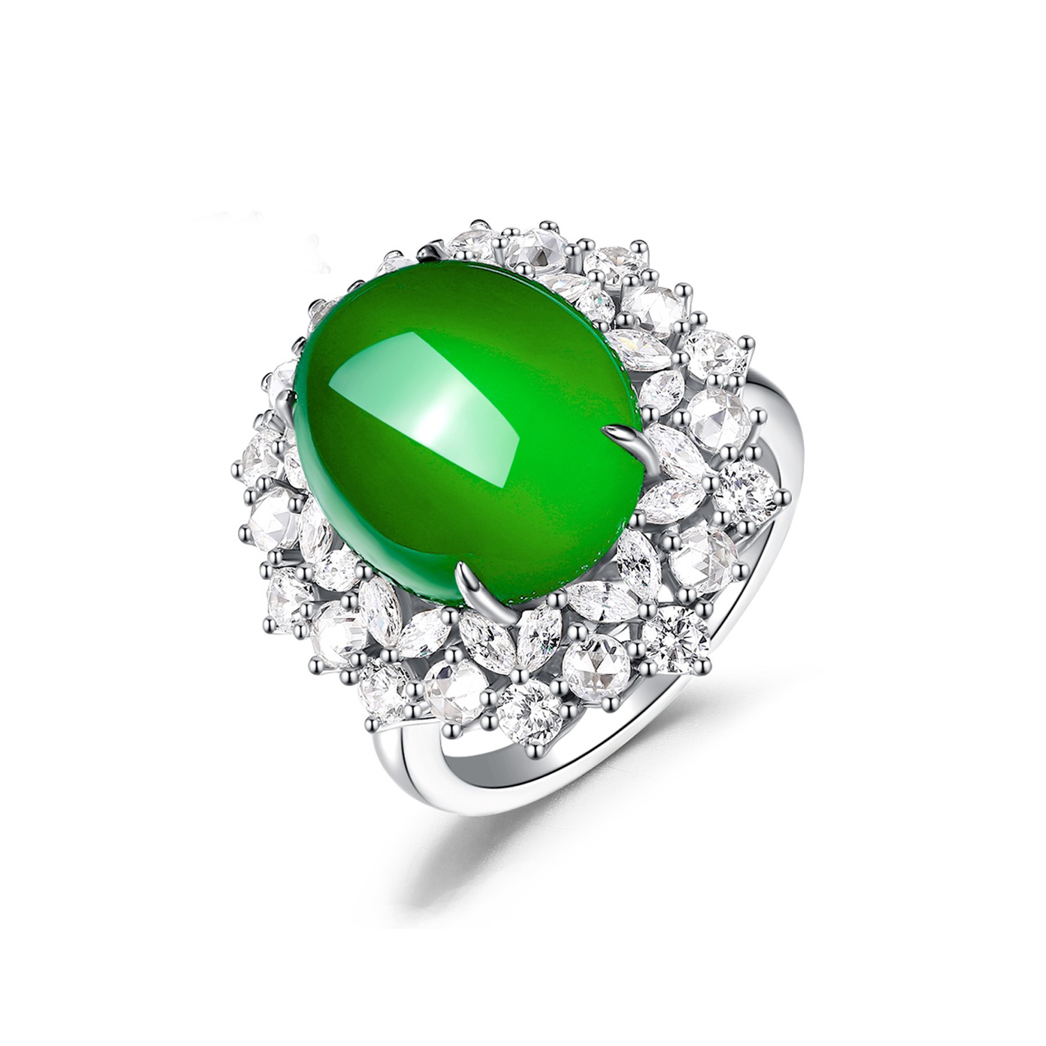 925シルバー金メッキリング、高炭素ダイヤモンド、天然カルセドニーエッグシェイプ、オークションフラワーモチーフ、ニッチで汎用性の高いジュエリー、富家の女性向け象嵌作品