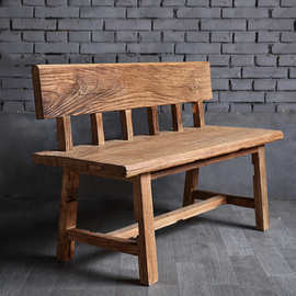 新中式老榆木风化纹长椅靠背椅旧长凳餐馆老榆木长椅
