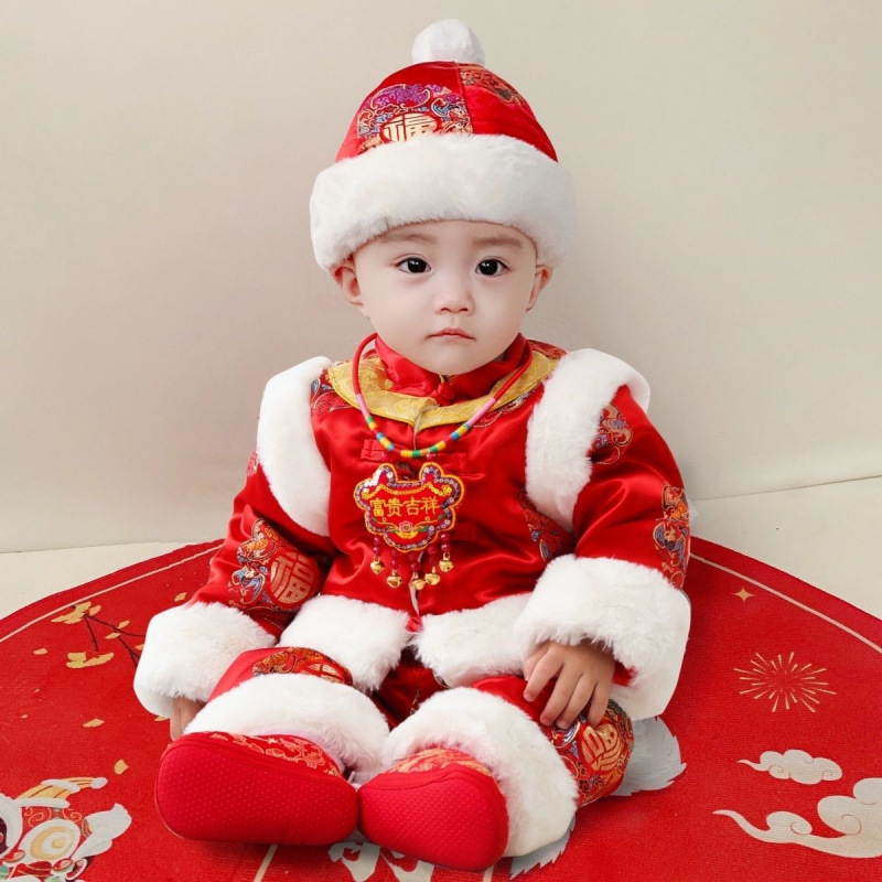 宝宝婴儿一周岁礼服冬季喜庆百天加绒拜年加厚抓周新年唐装