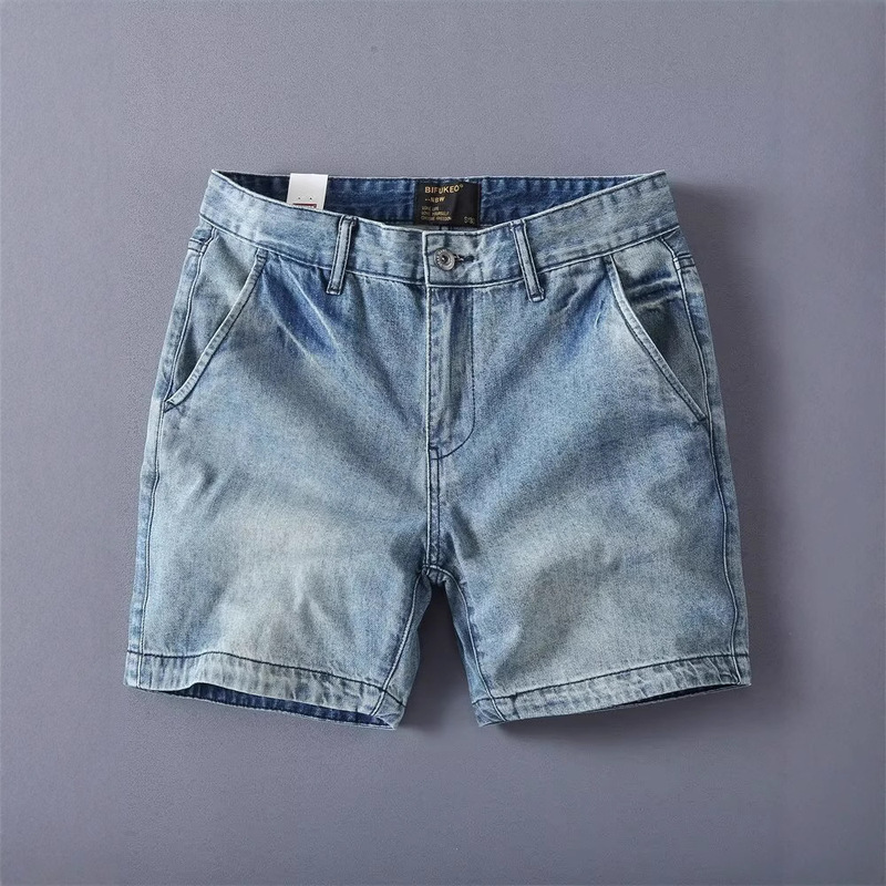 Trendy Men's Denim Shorts Washed Straight Casual Jeans American Retro Loose Casual Versatile Three-Point Shorts