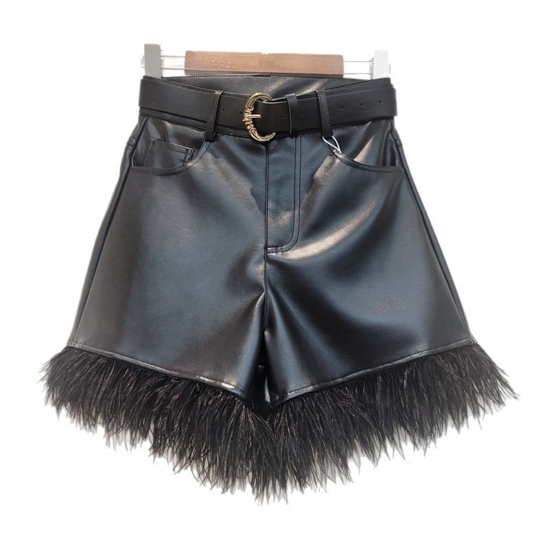Pantalones Cortos de Cuero PU de Tiro Alto con Bordes de Felpa