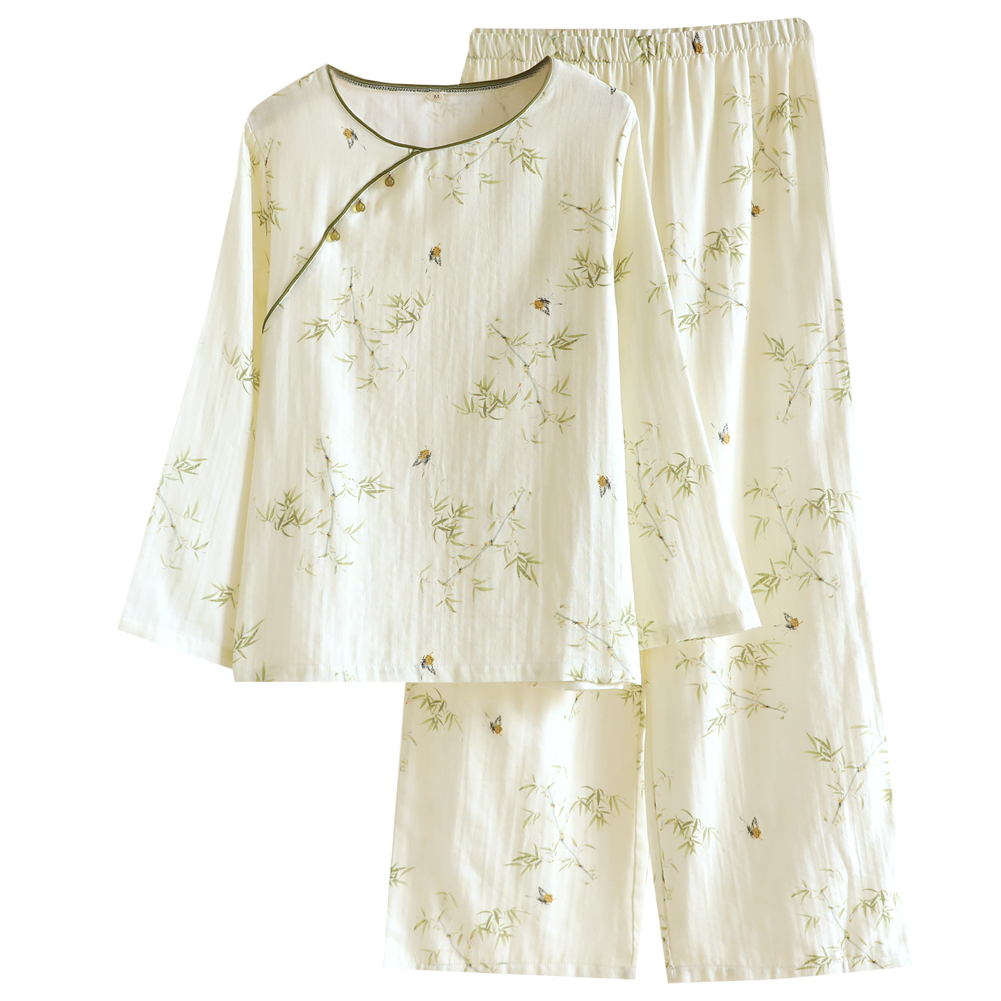 2026 Frühjahr/Sommer Neues Damen-Pyjama-Set 100% Baumwollgaze Chinesischer Stil Rundhals Dünne Ärmel Lange Hose Lose Hauskleidung – Detail 23