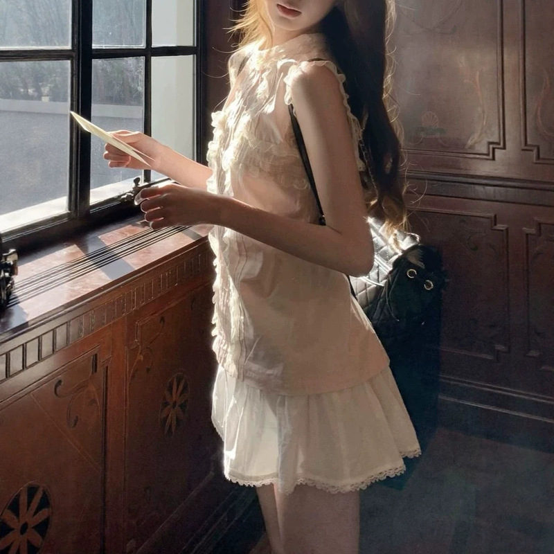 Wuus【Jojo Private Fashion Line】Light Pink Sleeveless Shirt for Women, Vintage Chanel-Style Lace-Trimmed Vest Top Wuus【Jojo Private Fashion Line】Light Pink Sleeveless Shirt for Women, Vintage Chanel-Style Lace-Trimmed Vest Top