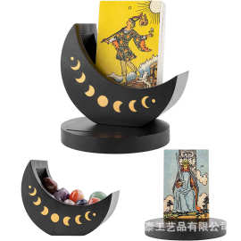 木质月亮造型塔罗牌收纳盒桌面石头水晶底座带卡片夹月相支架盒
