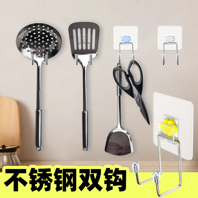 Exlarge seamless paste stainless steel hook non-perforated nail-free kitchen bathroom hook double hook door hook
