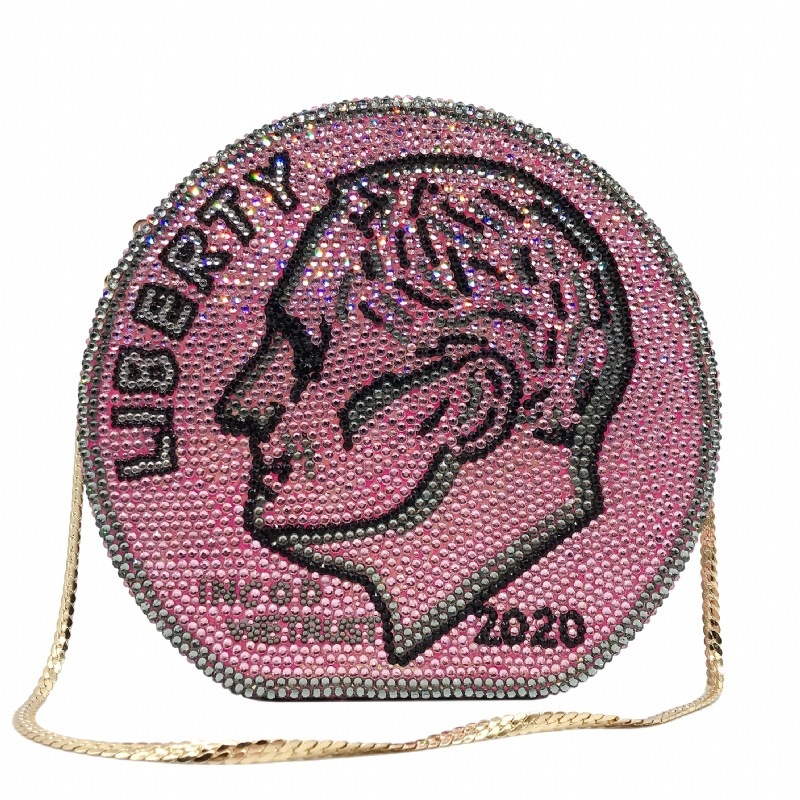 Fuente transfronteriza dólar diamantes bolsas de banquete de diamantes perforadas a mano monedas redondas de diamantes de agua bolsas de mano de metal