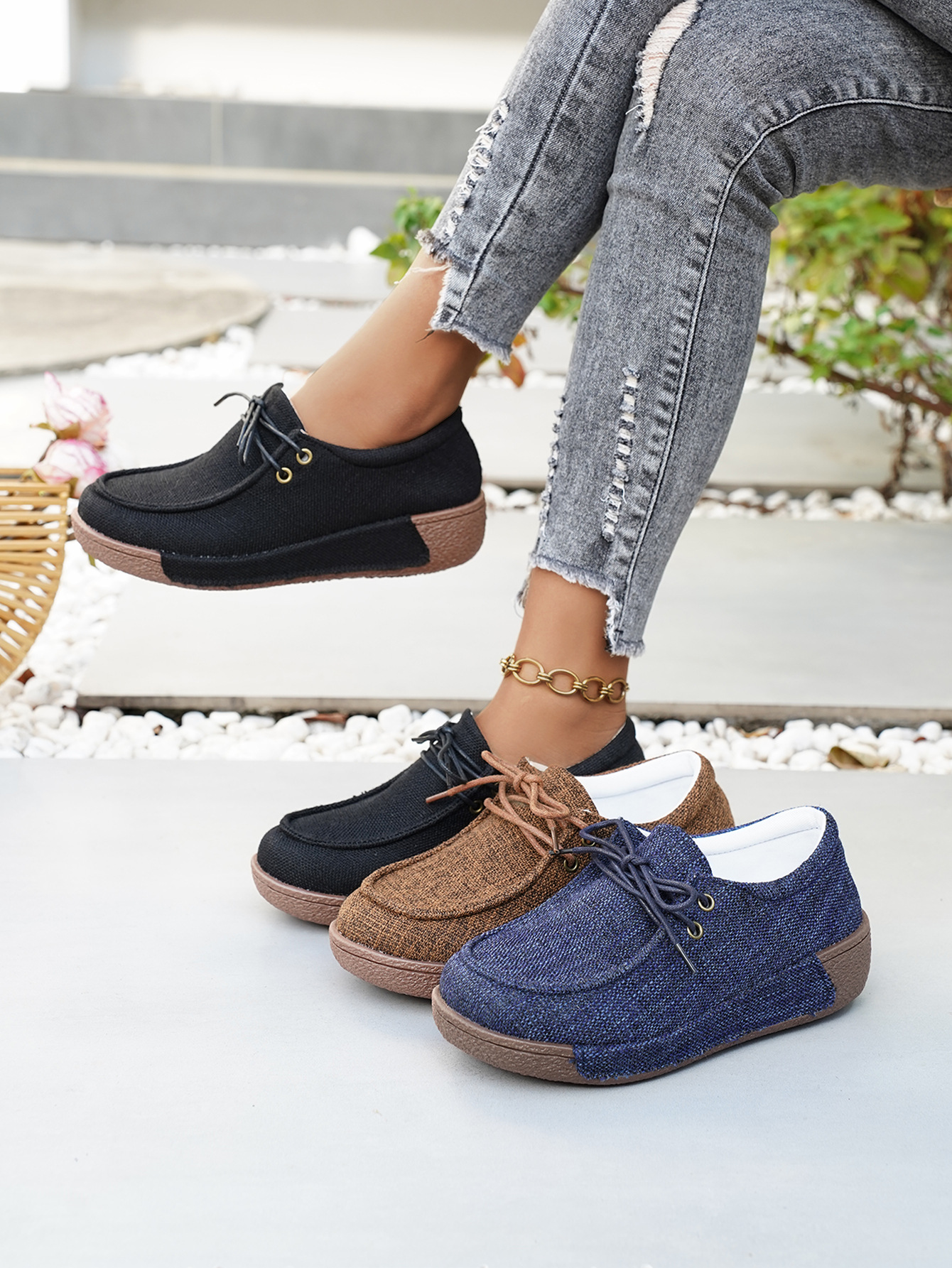 Damen Denim Schnürschuhe Mit Plateau Bequeme Freizeitschuhe_voghion.com