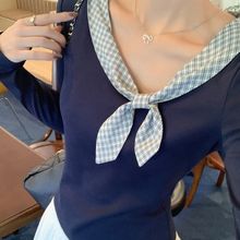 女式蝴蝶结圆领和格纹常规装饰性版型针织长袖撞色领子上衣