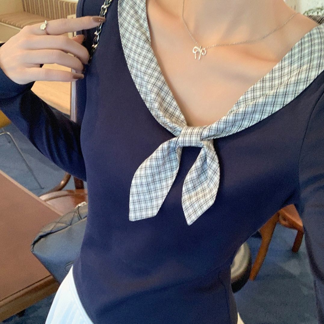 女式蝴蝶结圆领和格纹常规装饰性版型针织长袖撞色领子上衣