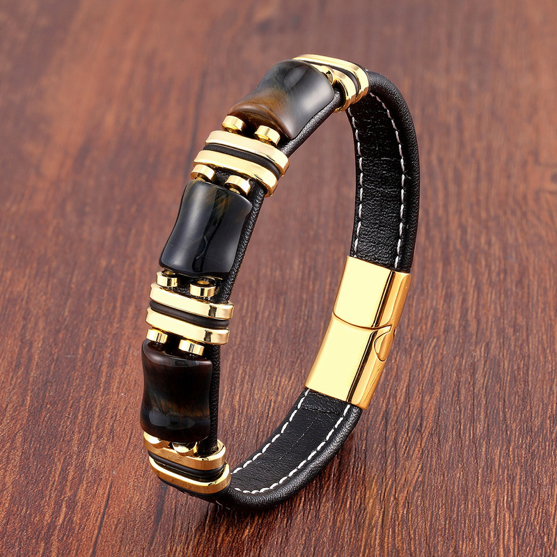 Stainless steel leather rope bracelet cross-border jewelry fashion woven leather bracelet European and American men's new Tiger Eye stone jewelry