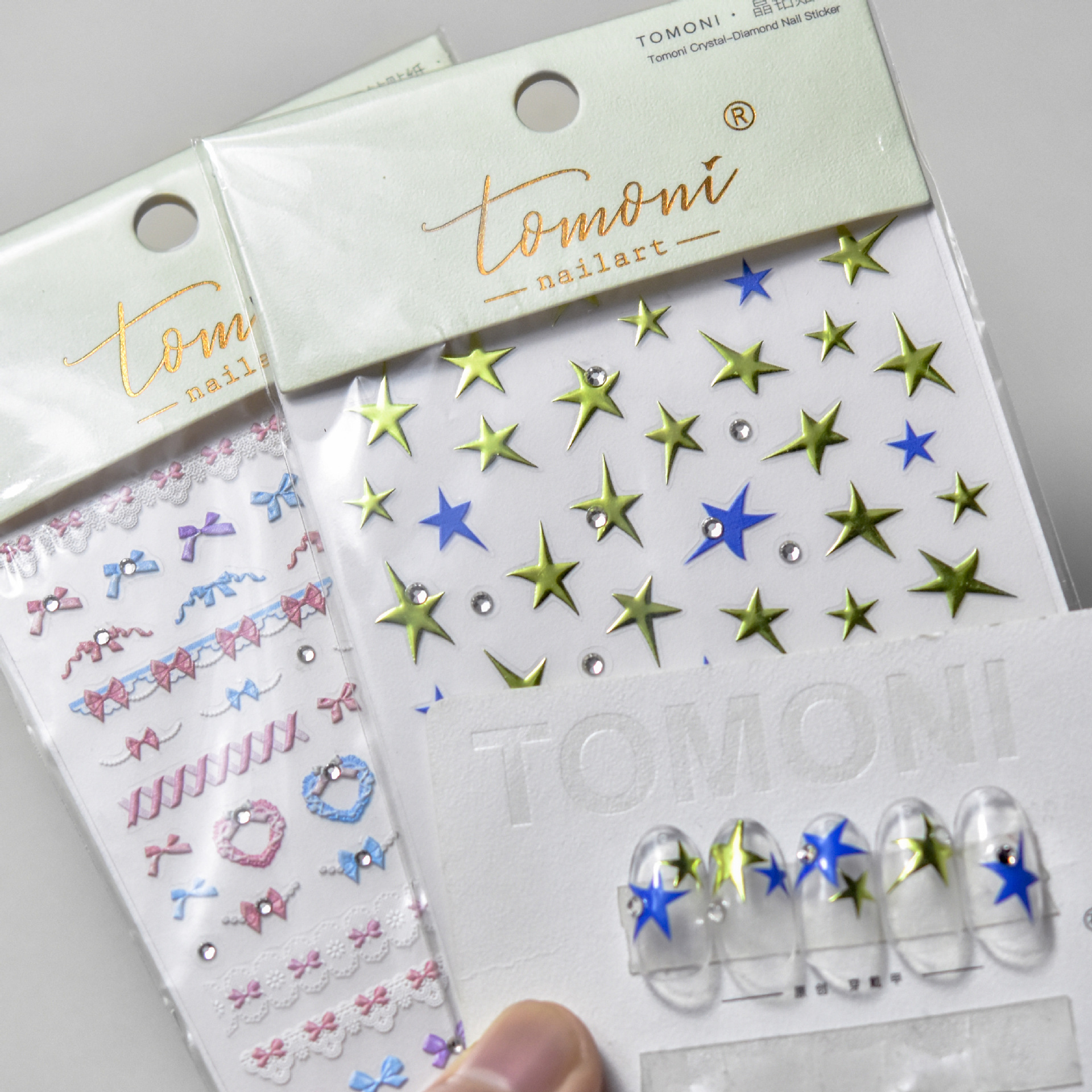 Pegatinas de tomoni japonés alivio de uñas adhesivo tridimensional 5D alivio de uñas arco dorado estrella con diamante