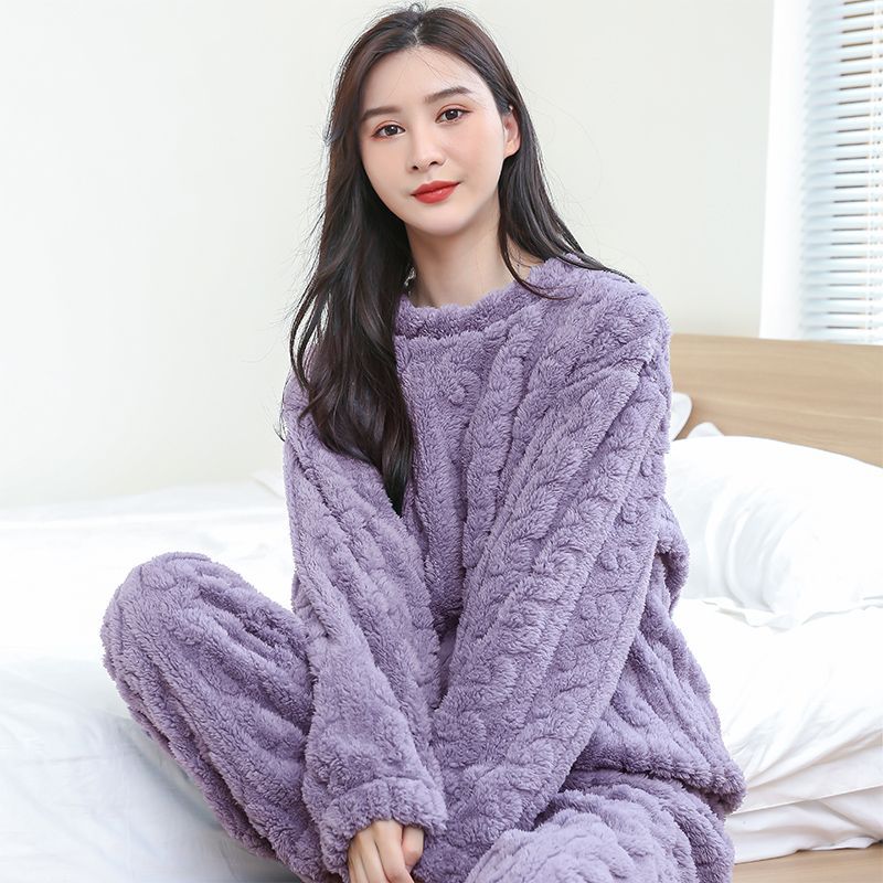 Carefully Selected This Year's New Pajamas for Women, Coral Velvet Winter Fleece-Lined, Thickeneded Loose Home Clothes Set, Flannel Pullover