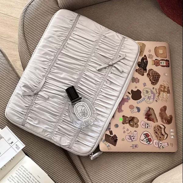 Kazum Embroidered Pleated Macaron-Colored Bow iPad Computer Bag Ins Laptop Storage Bag Tablet