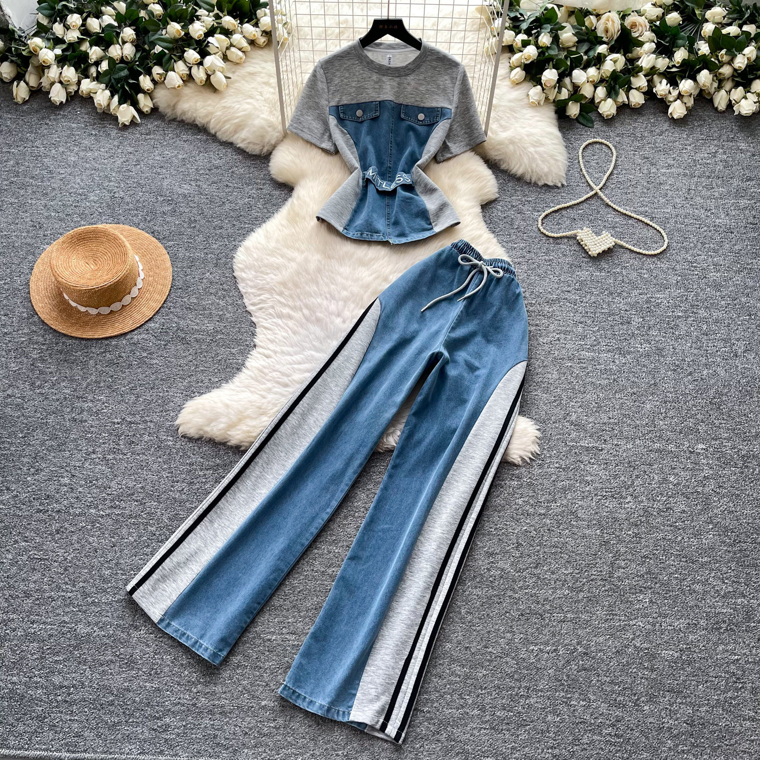 Retro Patchwork Denim Set for Women Short Sleeved Hong Kong Style Summer Casual Straight Leg Pants Two Piece Slimming Outfit_ecoleips.com