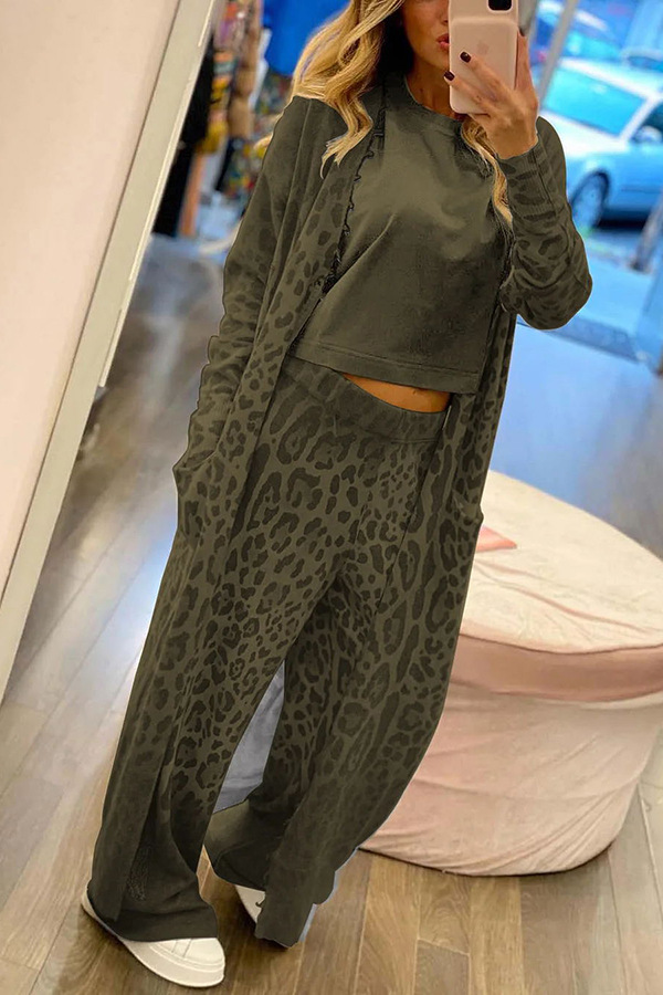 Spring Leopard Print Long Sleeve Cardigan Trousers Suit Two Piece Set for Women