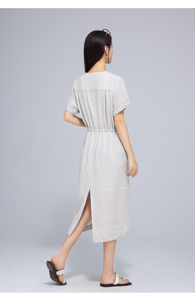 Váy maxi vải lanh nữ dáng rộng tay ngắn eo dây rút — Xanh ô liu chi tiết 31