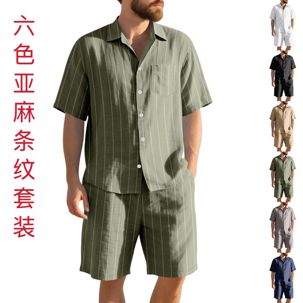 국경 간 아마존 여름 리넨 정장 남성 스트라이프 느슨한 반팔 셔츠 비치 반바지 투피스 세트 남성 여름